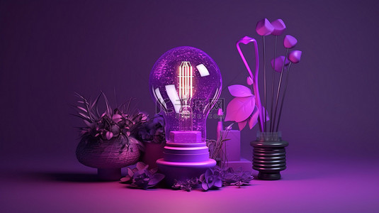 创意概念背景图片_在充满活力的紫色背景下，通过 3D 渲染将创新理念和创意概念变为现实