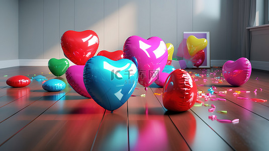 充满活力的铝箔气球心和讲台在地面上以 3D 优雅呈现