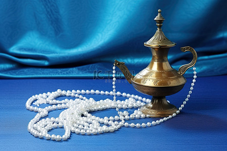 工具蓝色背景图片_靛蓝背景上的珍珠和一盏小灯