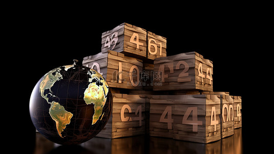 计时器和 48 小时显示在一堆带有地球 3D 渲染的盒子上