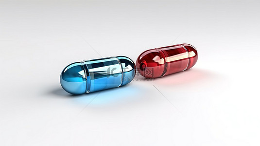 抗生素并治疗白色背景下蓝色和红色胶囊药丸的 3D 渲染，用于医疗保健概念