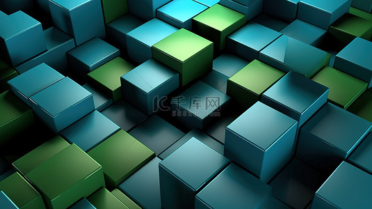 灰色绿色背景图片_3D 渲染抽象插图的特写，以灰色背景上的绿色和蓝色块为特色