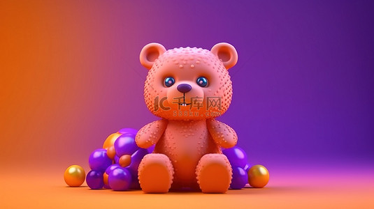 熊玩具卡通背景图片_橙色小熊玩具的紫色游乐场 3D 渲染