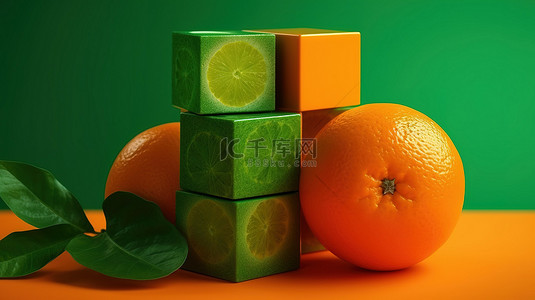 绿色植物新鲜背景图片_一个 3D 渲染的橙色立方体和一个半在郁郁葱葱的绿色植物中