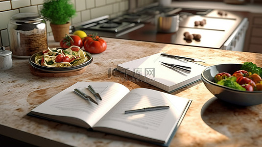 美食桌面背景图片_烹饪书页面的渲染 3D 插图与桌面上协调的厨房装饰