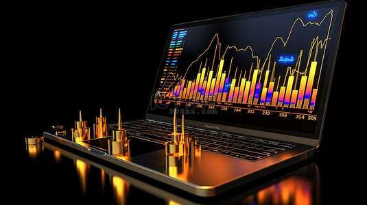 笔记本电脑的 3D 渲染，带有说明股票市场或加密货币趋势的烛台图