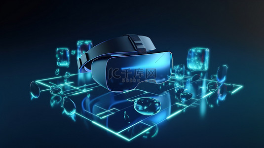 虚拟现实 3D 渲染中的流光，带有蓝色背景上的类似图标和界面