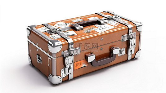 手机贴纸样机背景图片_白色背景 3D 渲染上带有破烂线旅行贴纸金属装饰和皮带的复古棕色皮革手提箱