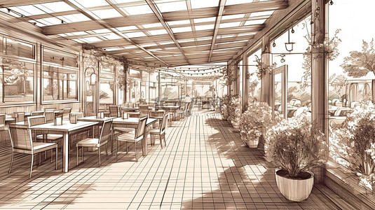 描绘餐厅夏季露台的 3D 插图的草图轮廓