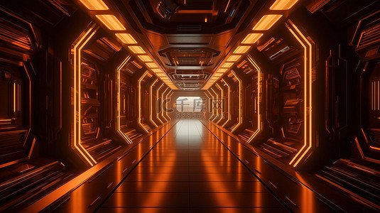 橙色霓虹灯发光 3D 渲染的赛博朋克图像中的未来派宇宙飞船走廊