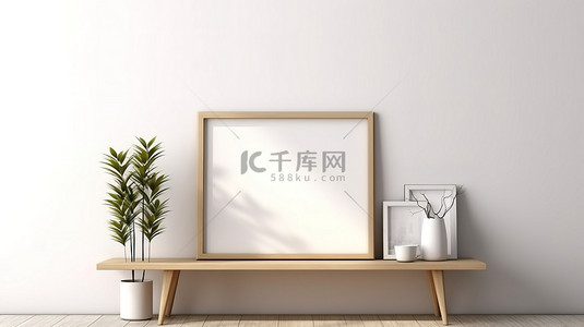 电视墙壁画背景图片_框架场景中带有白色口音的内部木桌的 3D 渲染