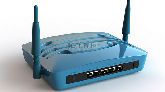 白色背景上带有蓝色 wi fi 徽标的路由器的无线连接 3D 渲染