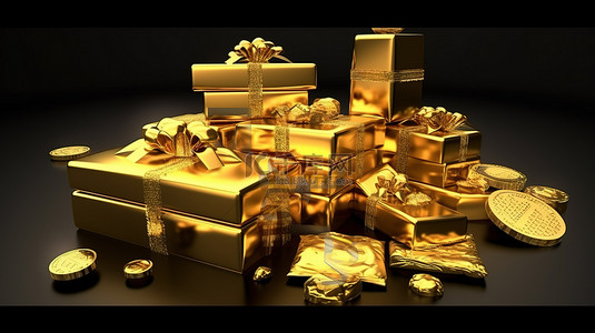 金条硬币和礼品盒繁荣物品的 3D 渲染