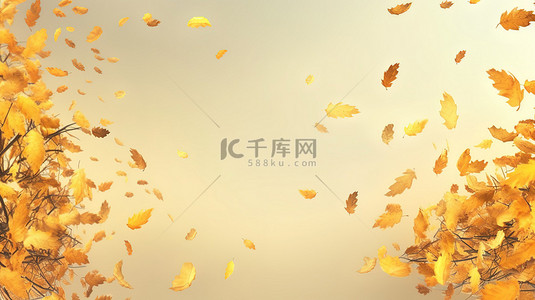 黄色星星背景背景图片_秋季树叶飞扬和下降的 3D 插图，具有充足的复制空间