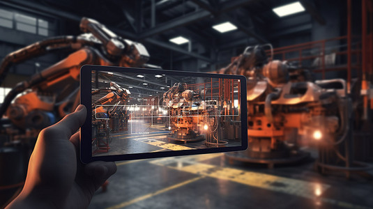 使用向导背景图片_在自动化工厂概念中使用平板电脑对机器人进行 3D 渲染