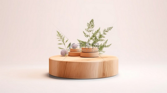 白色背景天然木质基座的 3D 插图，用于促进美容放松和健康