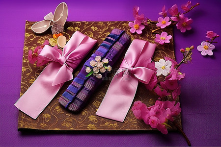 紫色婚礼背景图片_紫色布上的粉红色花朵和蝴蝶结
