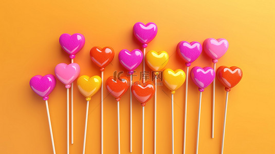 粉红色背景上充满活力色彩缤纷的心形糖果棒棒糖是情人节的最小 3D 渲染概念