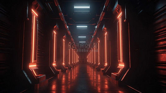 红光色背景图片_带柱子和红光轨迹的深色金属走廊的插图科幻场景 3d 渲染