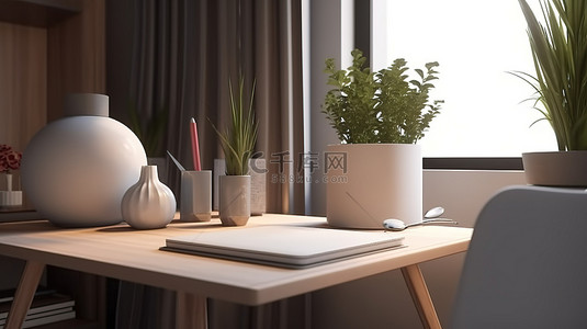植物花瓶背景图片_现代客厅 3D 渲染配备学习桌与笔记本电脑书籍文具和植物花瓶