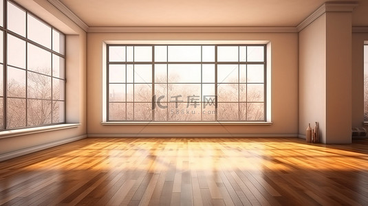 木地板客厅背景图片_宽敞的房间设有大窗户和优雅的镶木地板 3D 概念