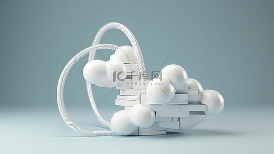 附件上传页面背景图片_云技术 3D 白色云，具有上传进度条和用于数据存储的电缆线