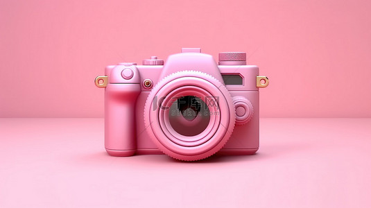 可爱的相机在粉红色 3D 背景下拍照