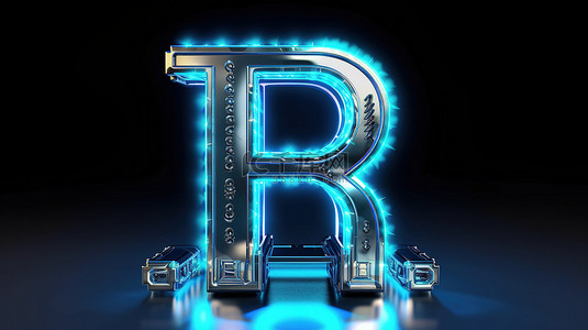 带有蓝色霓虹灯的金属纹理中的未来字体“字母 r”的 3D 渲染