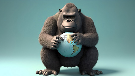 滑稽的背景图片_一个滑稽的 3D 大猩猩人物抓住了微型地球