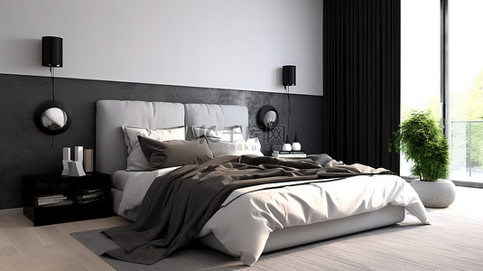 时尚时尚的卧室现代黑白床设计 3D 渲染