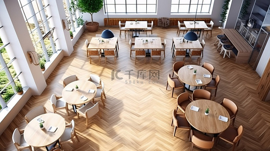 咖啡店或餐厅用餐空间的自上而下 3D 渲染