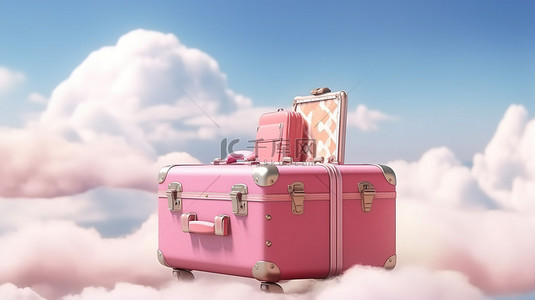 旅行粉色背景图片_一架粉色飞机在空中翱翔的 3D 渲染，其行李象征着国际旅行