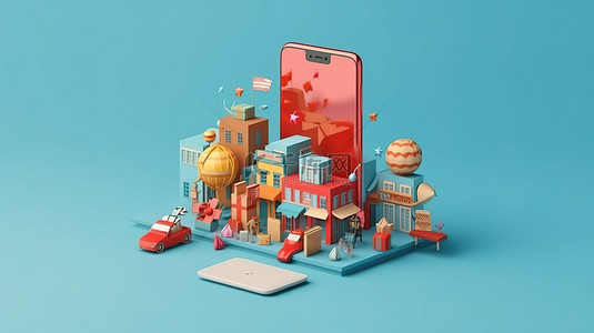 通过智能手机进行数字商务购物，其中包含蓝色背景 3D 视觉上的浮动物品和移动设备