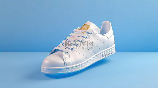 运动服白色背景图片_蓝色背景的 3D 渲染与金色系带无品牌白色运动鞋