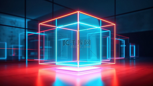背景图科技背景图片_一个 3D 渲染的室内房间，配有霓虹灯发光的立方体