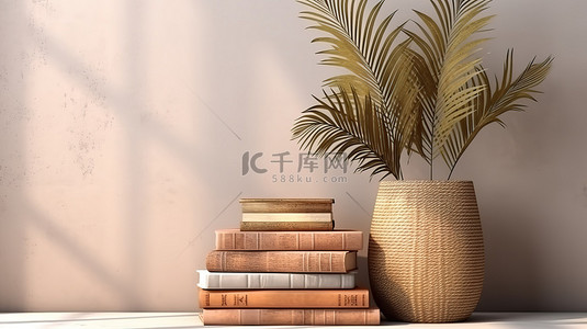 书籍柳条篮和混凝土花瓶的详细视图，米色墙上有棕榈叶轮廓，巴厘岛风格的 d cor 3d 渲染