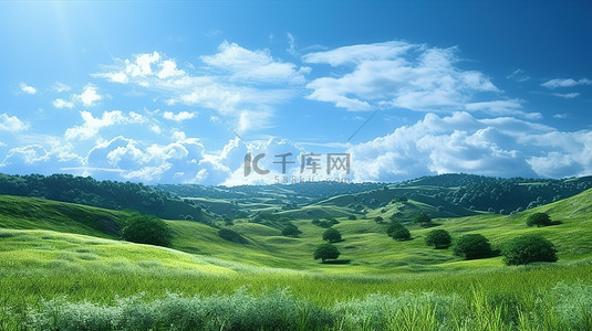 蓝天背景绿地背景图片_蓝天下郁郁葱葱的山脉的充满活力的 3D 渲染