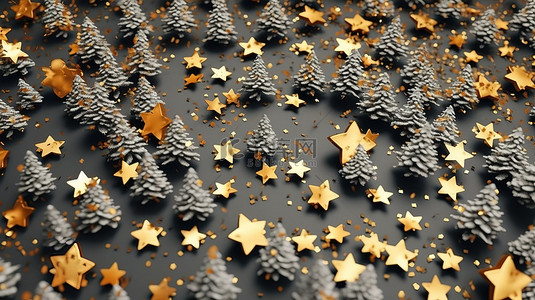 节日冬季仙境闪闪发光的金色五彩纸屑和雄伟的杉树与星星口音呈现在令人惊叹的 3D 渲染