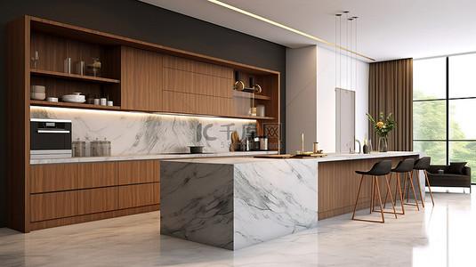 现代厨房台面的 3D 插图，配有优雅的橱柜办公桌和艺术展示