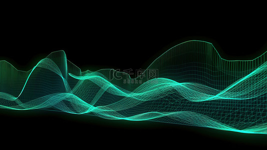 充满活力的绿色条形几何条纹类似于波浪和蓝色照明相交线设计的三维描绘