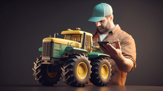技术先进的农民在 3D 插图中操作移动式自动拖拉机