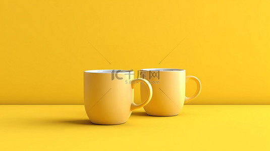 一对时尚的 3D 黄色咖啡杯，位于简约背景上，用于模型目的