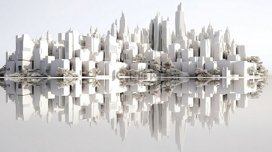大城市剪影背景图片_在镜像背景下的 3D 渲染中的白色城市