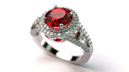 背景钻戒背景图片_精致的祖母绿红色水晶镶嵌着豪华钻石戒指，在白色背景上呈现 3D 渲染