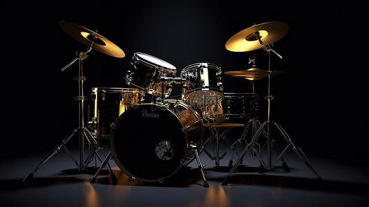 音乐专业背景图片_时尚的黑色鼓套件，在专业照明下，在黑暗背景 3D 渲染下