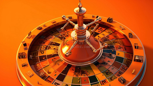 3D 轮盘赌轮和老虎机设置在橙色背景下，背景中有飞行骰子优惠券芯片 ace 和行星地球