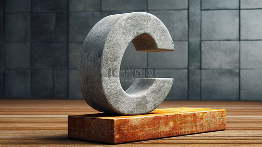 木材背景上混凝土坚固石徽中的 3d 和符号