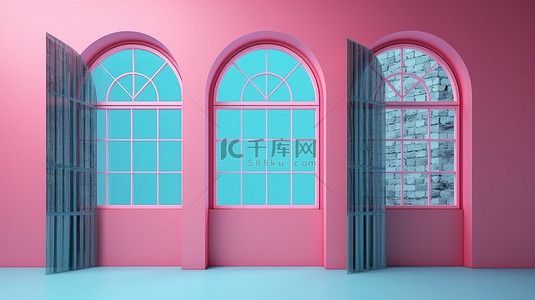 孤立的蓝色墙壁，在 3D 渲染中带有充满活力的粉红色窗口