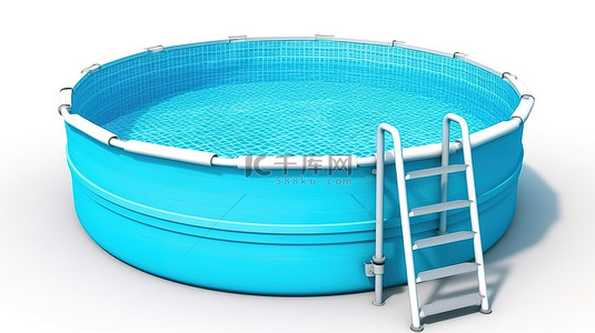 白色背景的 3D 渲染，带有圆形蓝色游泳池，配有梯子，便于户外携带