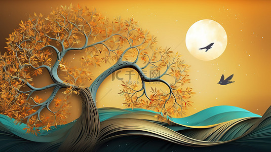 波浪纹纹背景图片_彩色 3D 画布艺术与波浪线月亮金树和鸟类